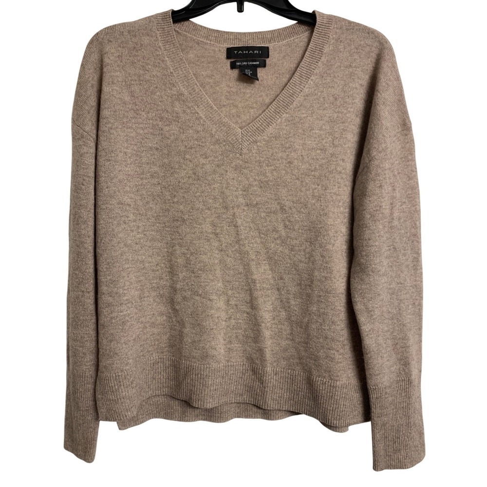 Tahari 100% 2-Ply Cashmere V-Neck Sweater Tan Oatmeal Heather Medium